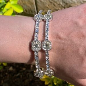 Two Piece Silver Tone Bracelets with Rhinestones
